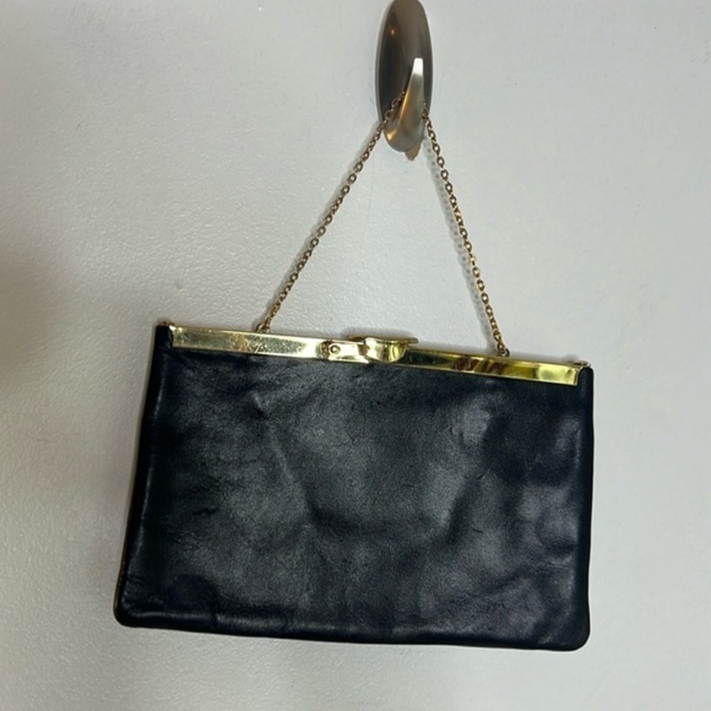 ETRA Black Leather Clutch Handbag Convertible Chain Handle Purse vintage